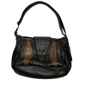 D'ONOFRIO Black Leather Designs Bag Adjustable Strap Crocodile Purse